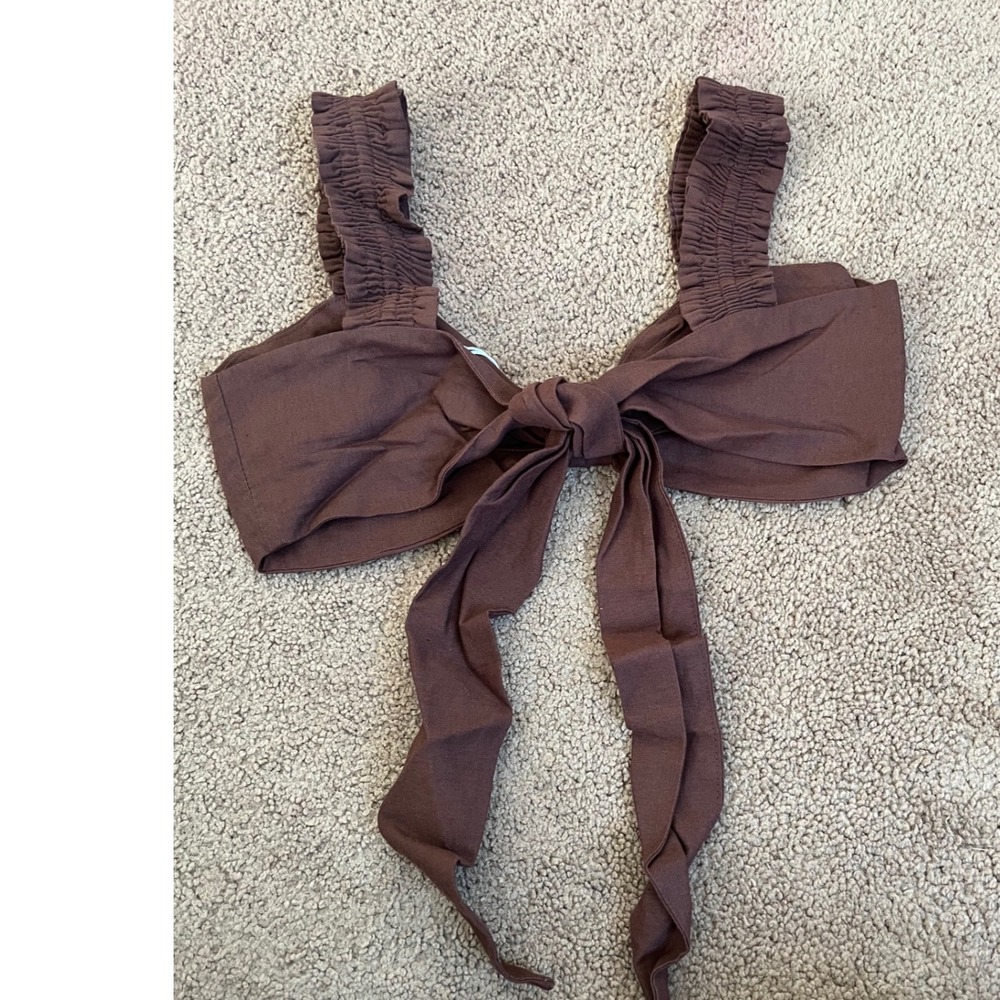 Charlie Holiday Diana Chocolate Brown Linen Blend Smocked Bow Crop Top S (4) NEW - Picture 6 of 10